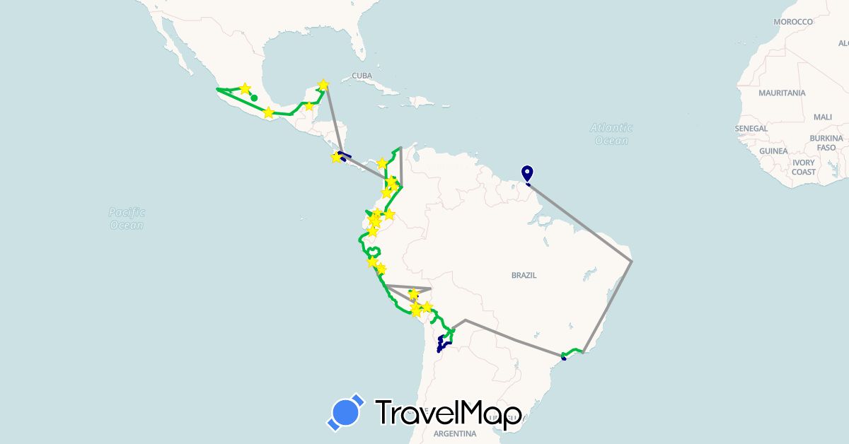 TravelMap itinerary: driving, bus, plane, train, hiking, boat in Bolivia, Brazil, Colombia, Costa Rica, Ecuador, French Guiana, Mexico, Peru (North America, South America)